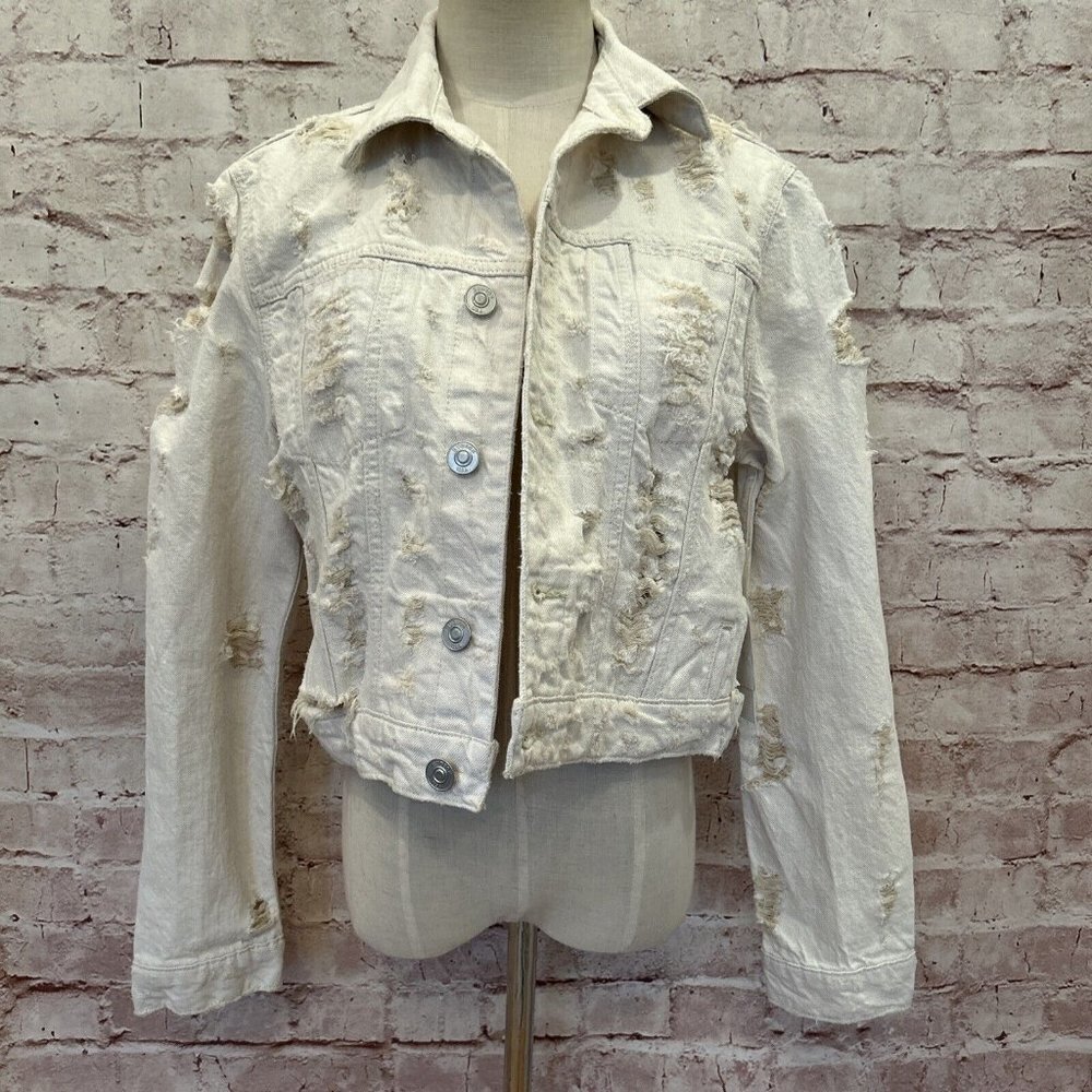 HUDSON Garrison Distressed Cropped Ripped Jean Denim Jacket Cream Size S $325